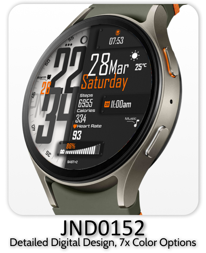 Smartwatch featuring a detailed digital watch face with health tracking, steps, and heart rate data.