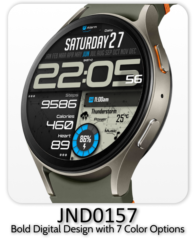 A bold digital smartwatch face displaying fitness data, time, and weather on a titanium case.