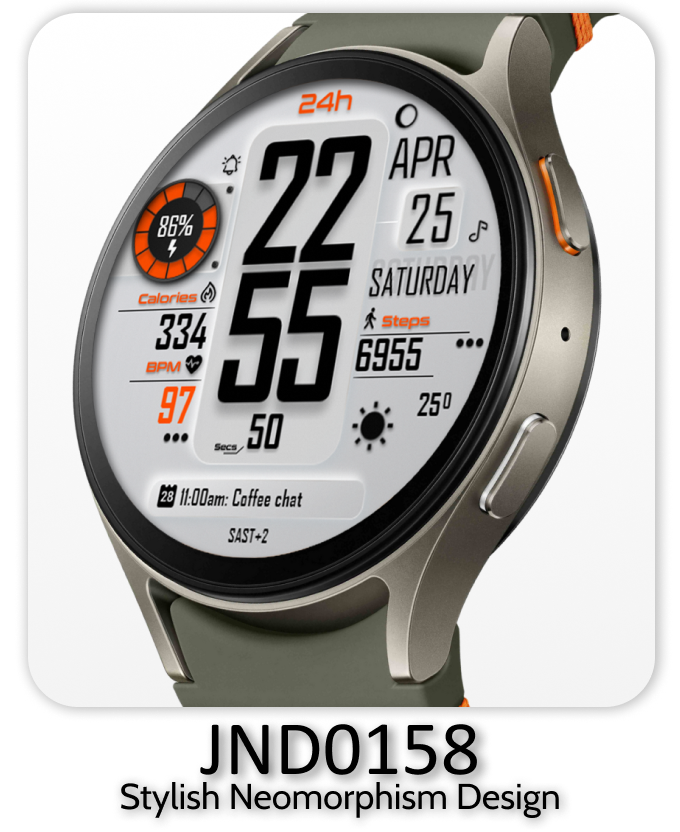 Smartwatch with a neomorphism design watch face showing fitness stats, time, and date.