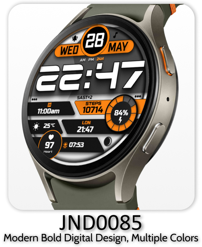 JND0085 High quality digital watch face for Wear OS.