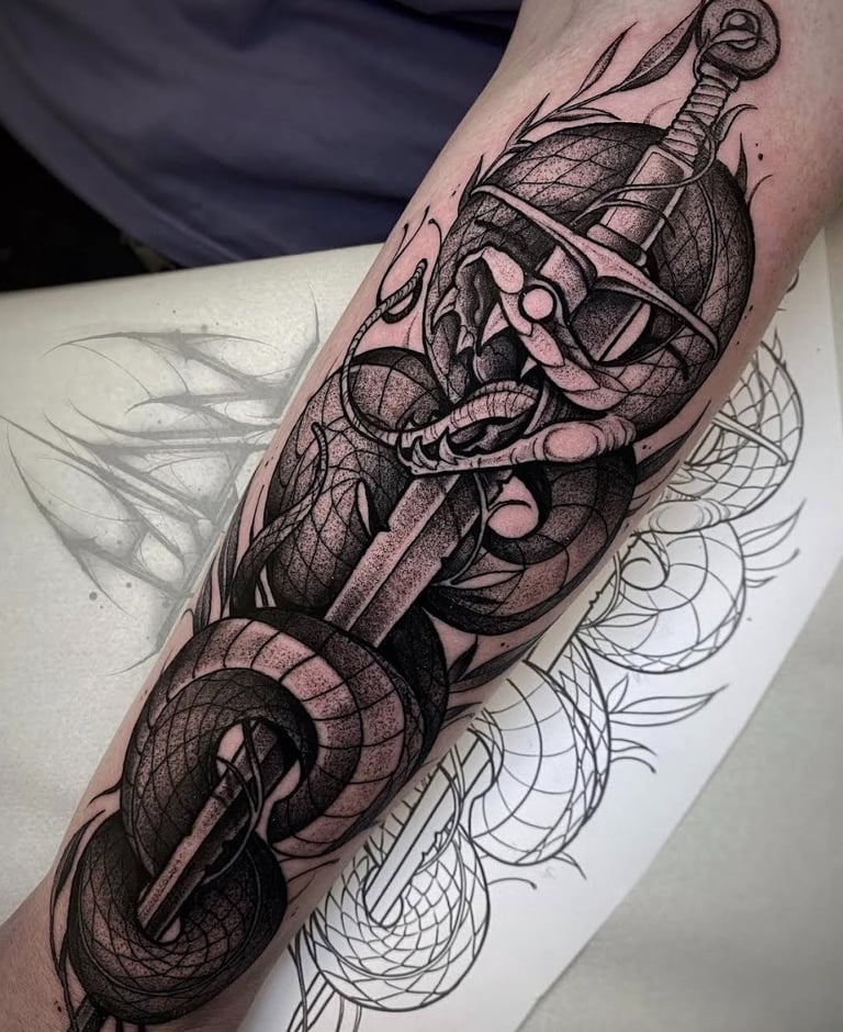 blackwork käärme ja miekka tatuointi