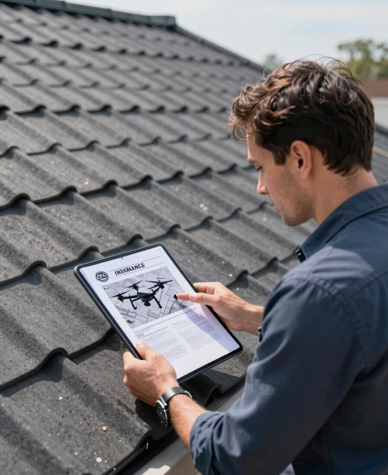 A Zilo Roofing insurance advocate reviewing documents with a homeowner on a tablet, drone-mapped inspection report in hand, professional and reassuring, crisp architectural photography, bright natural daylight, high-contrast deep charcoal tones, sharp focus, 35mm