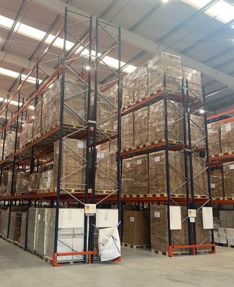 tall pallet racking in narrow aisle configuration with rack end protectors  