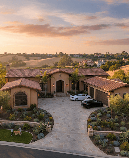 an aerial shot of a california house with huge driveway