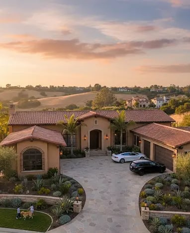 an aerial shot of a California house with huge driveway