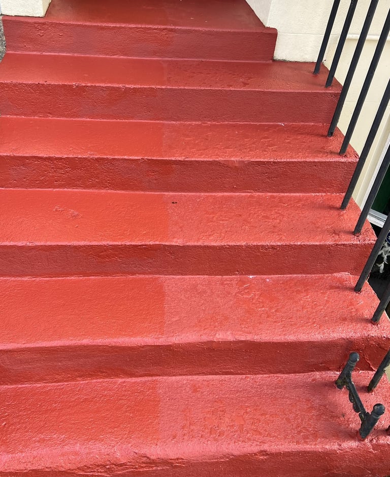 Painted exterior entrance steps in Portslade Sussex, red step restoration work