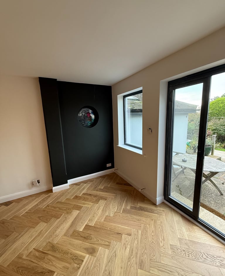 Herringbone wood flooring and feature wall in Worthing Sussex, modern interior finish