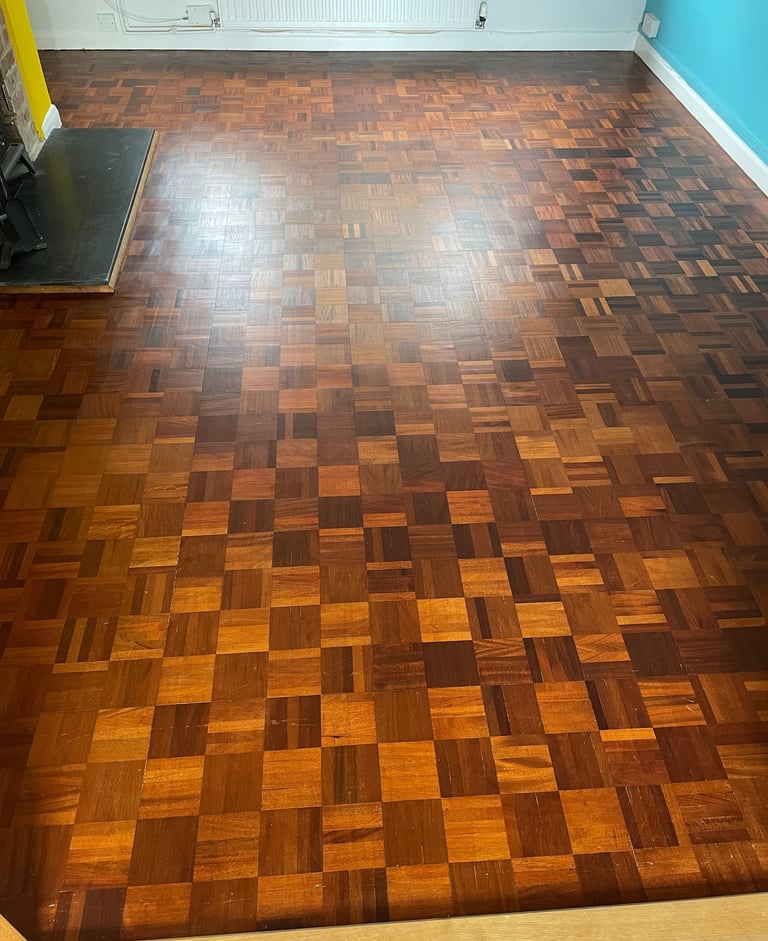 Parquet wood flooring restoration in Worthing Sussex, polished wooden floor finish