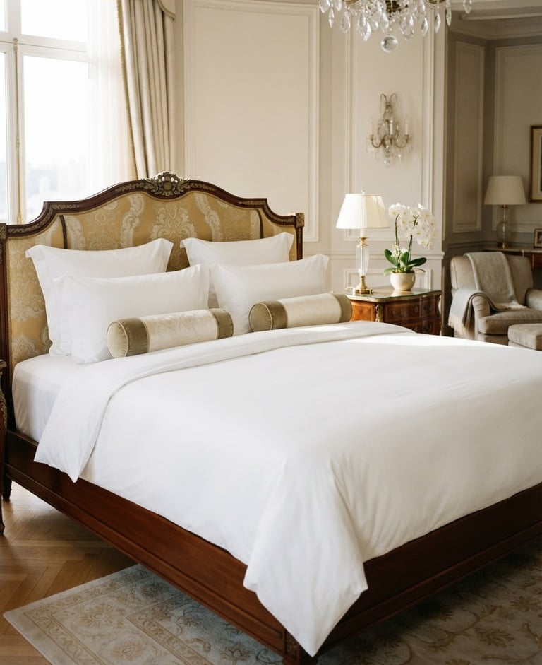 Pristine white 500 TC linens on a massive king-size bed in a sunlit royal suite, luxury hotel interior, editorial photography, soft natural daylight, 35mm