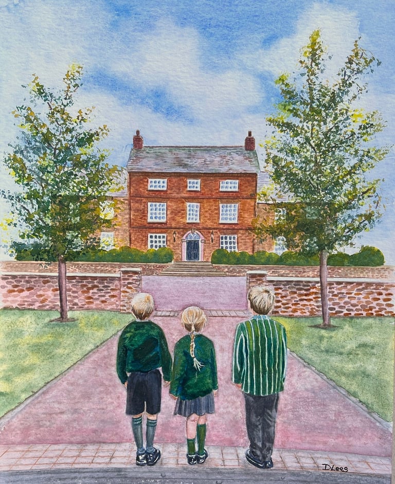 Watercolour of three children standing in front of a house