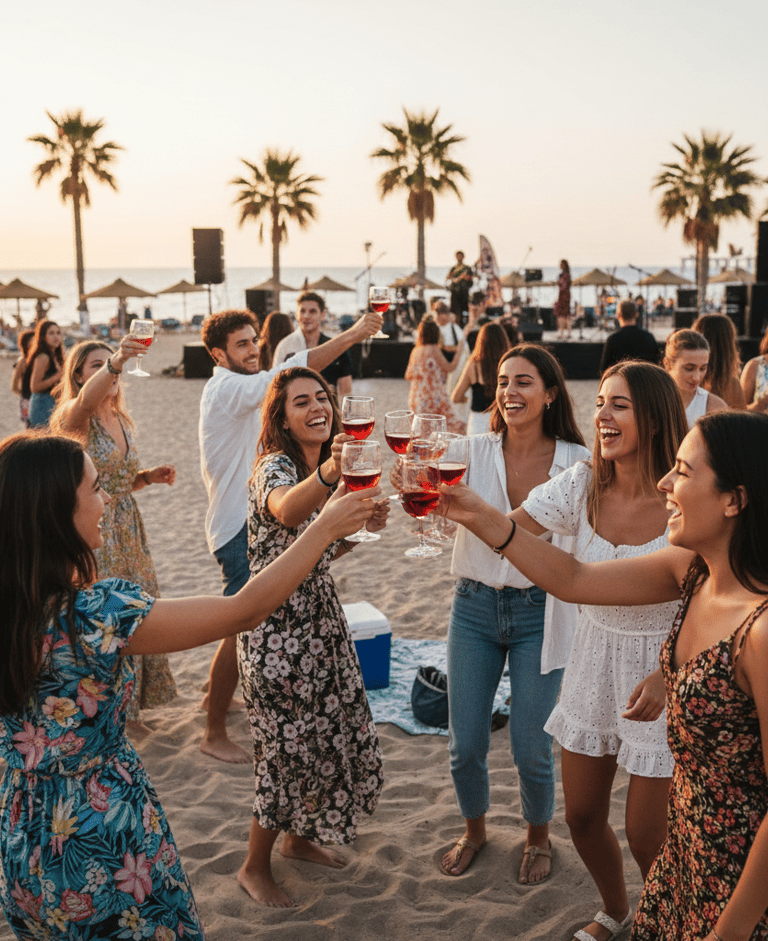 Chicas brindando con vino rosado Cola de Gallo en la playa de Valencia durante el atardecerf