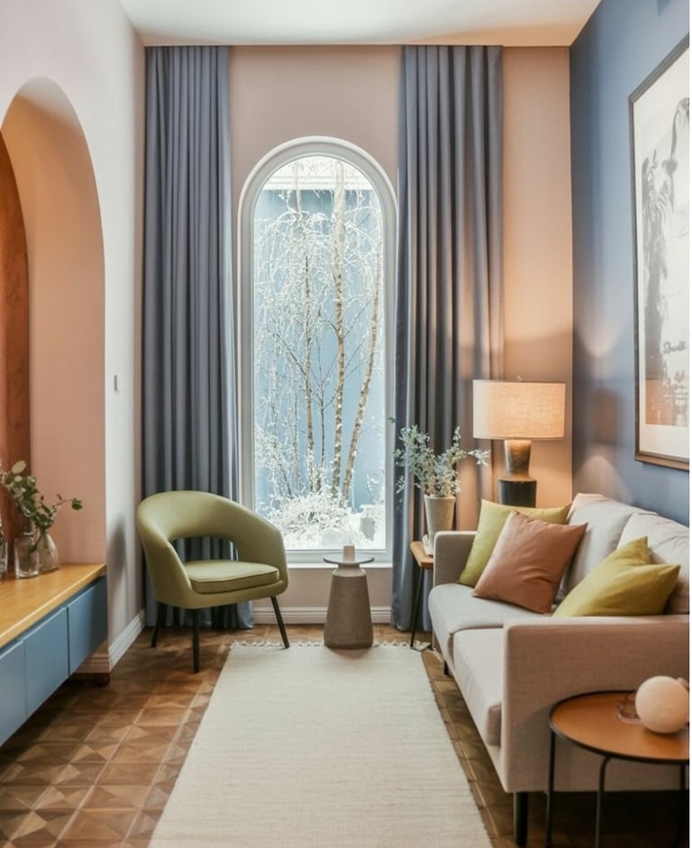 Long narrow living room with clear walkway, open-back furniture and natural light, designed for easy