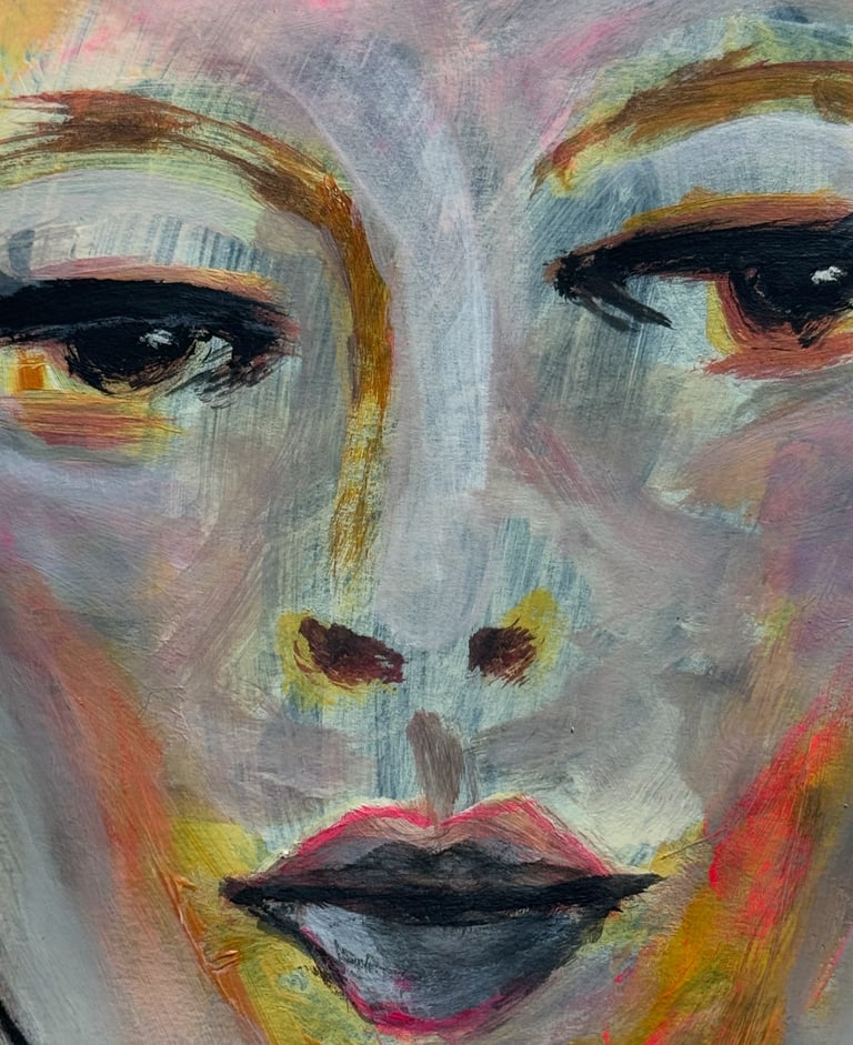 a painting of a woman's face with a yellow and black background