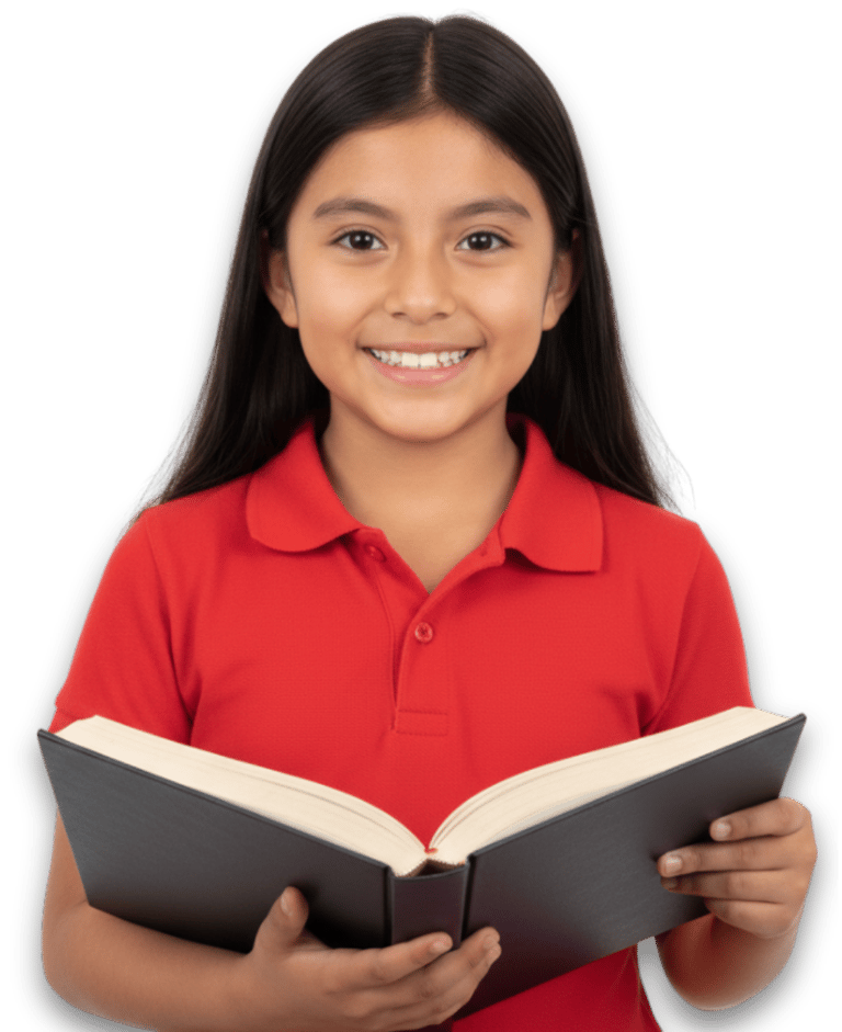 niña de 7 años peruana de educación primaria con un libro en manos