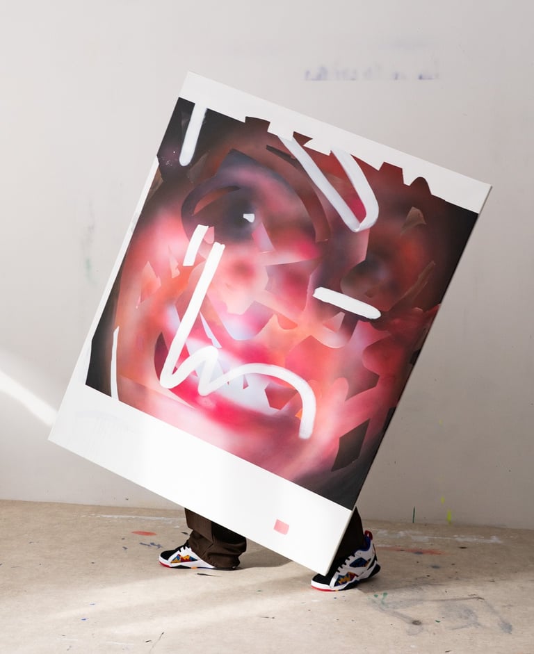 Artist holding a large abstract expressionist painting with red and white brushstrokes in an art studio.