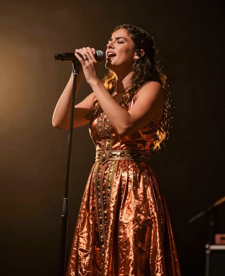 Dynamic low-angle shot of a female folklore singer performing passionately, warm golden hour flares, deep charcoal background