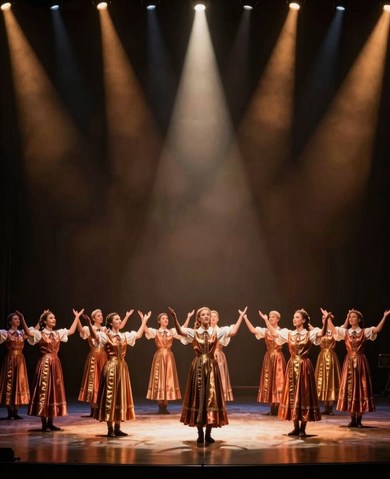 Wide atmospheric shot of a folklore ensemble performing under dramatic warm spotlights, deep charcoal shadows, premium stage production