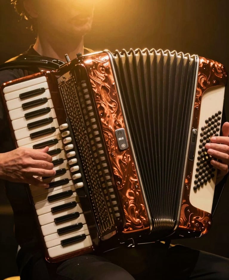 Intimate close-up of hands playing a bandoneon under rich gold stage lights, deep shadows, cinematic framing