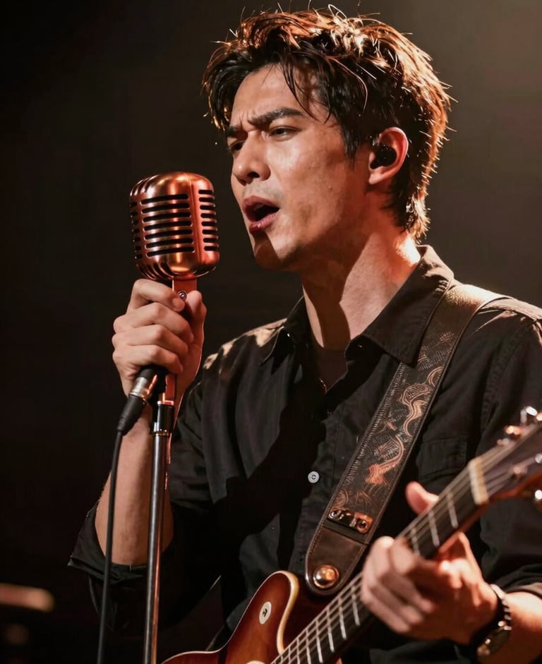 Cinematic shot of a male guitarist singing intensely into a vintage microphone, copper backlights, dark stage environment
