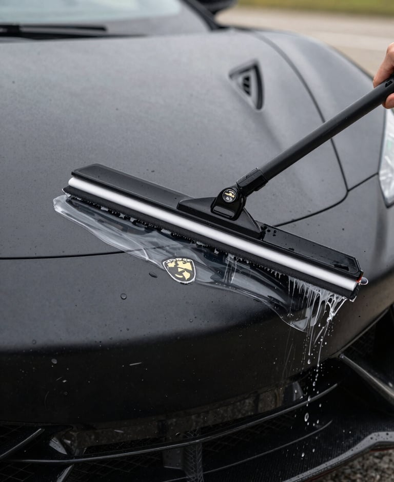 Extreme close-up of a squeegee smoothing clear PPF over the aggressive front bumper of a matte black supercar, water droplets spraying.