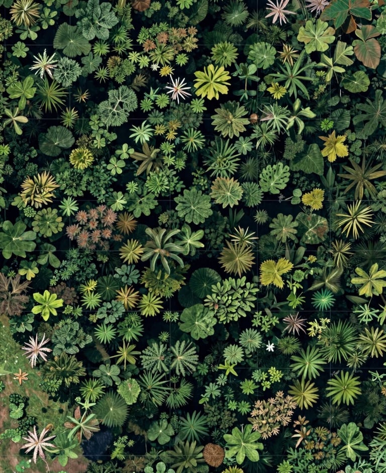 Top-down satellite orthophotography of massive, contiguous tropical canopy, cool daylight, geometric grid overlay.