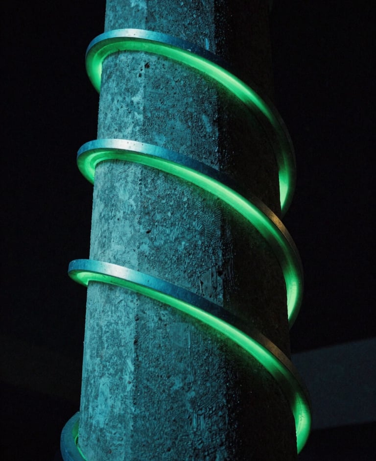 Low-angle close-up of a 3D fluid metallic sculpture wrapping around a textured concrete pillar, neon turquoise rim lighting, dark atmosphere