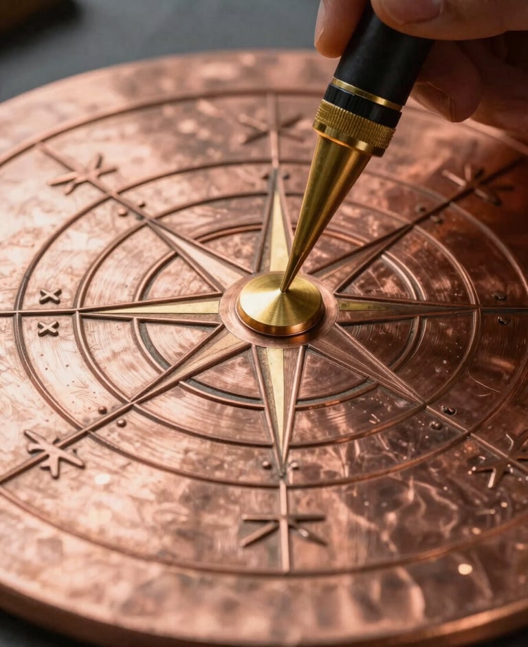 Extreme close-up of a copper Vastu Yantra plate being engraved with precise geometric lines under a single gold directional spotlight.