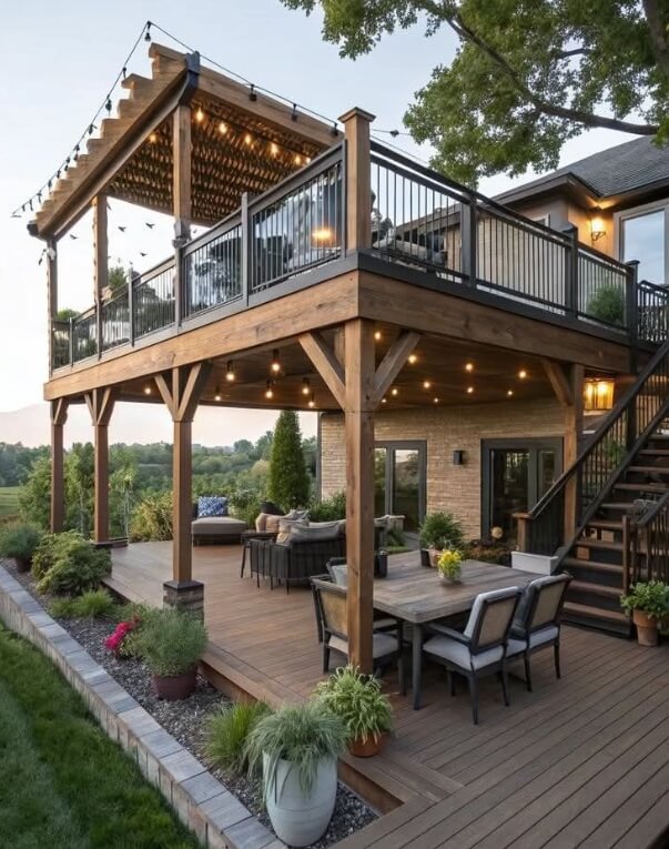 Two-level wooden deck with pergola, outdoor seating, stairs, and string lighting attached to a house