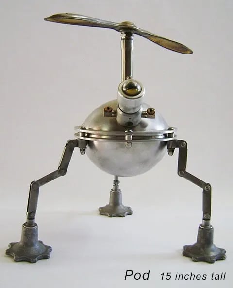 Assemblage spaceship sculpture named Pod by Santa Barbara artist Tal Avitzur.