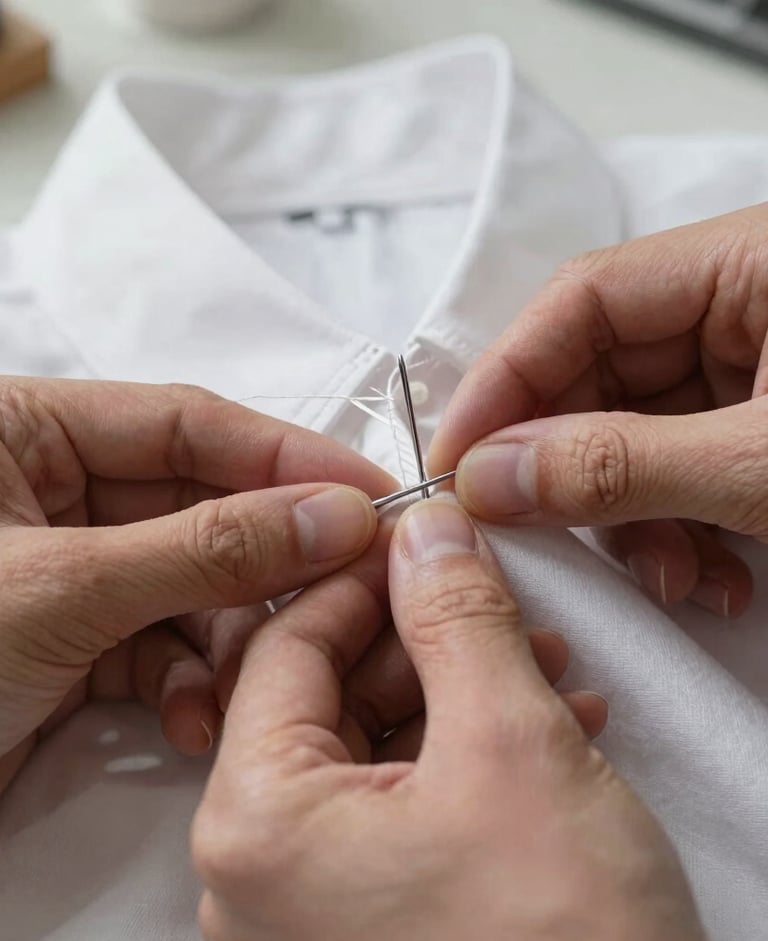 Extreme close-up overhead of a tailor's hands stitching a collar stand by hand, fine white cotton under natural overcast light, needle and thread visible mid-stitch, worktable surface visible at the edges, no faces, no finished garment shown