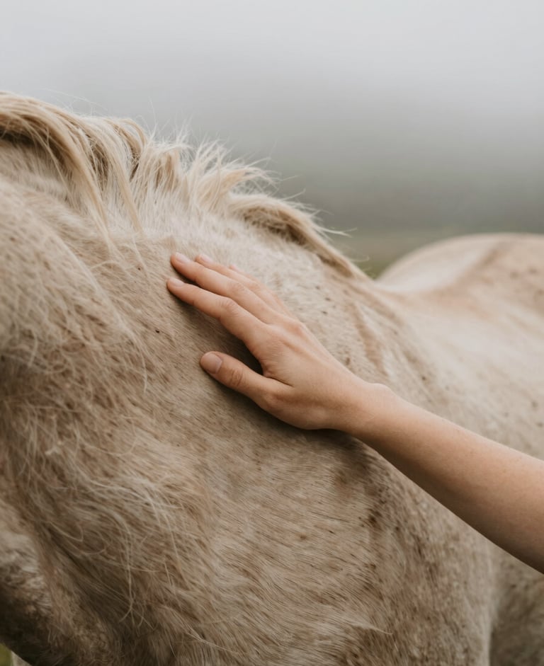 A close-up of a hand gently resting on a horse's neck in misty morning Pacific Northwest light, showing soft textures of the coat.