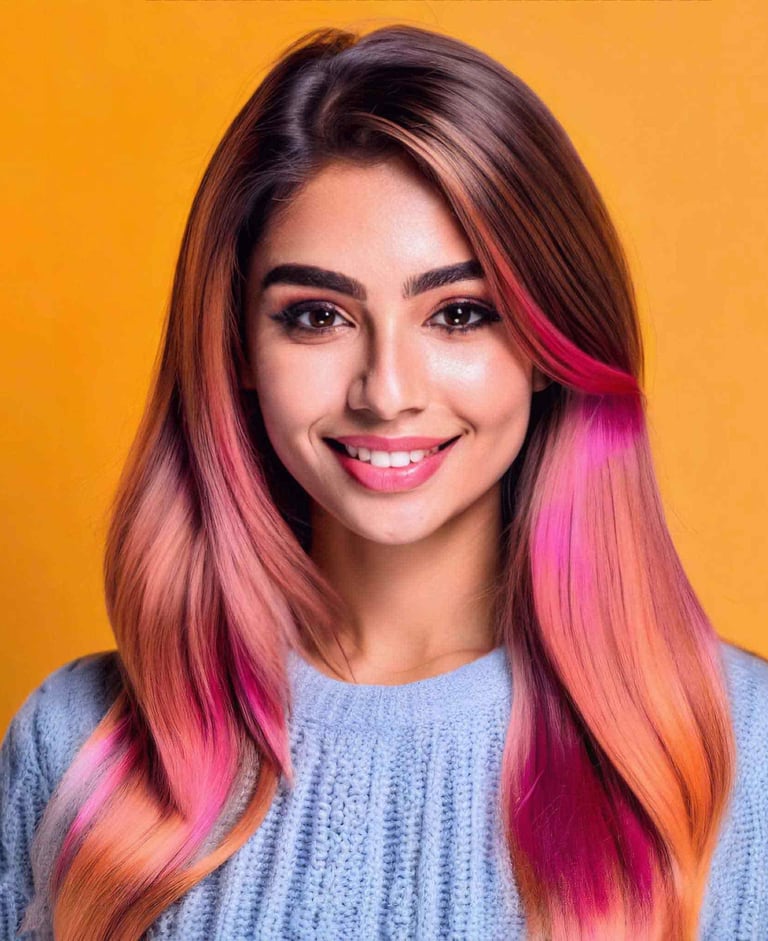 a woman with pink and multicolored hairs