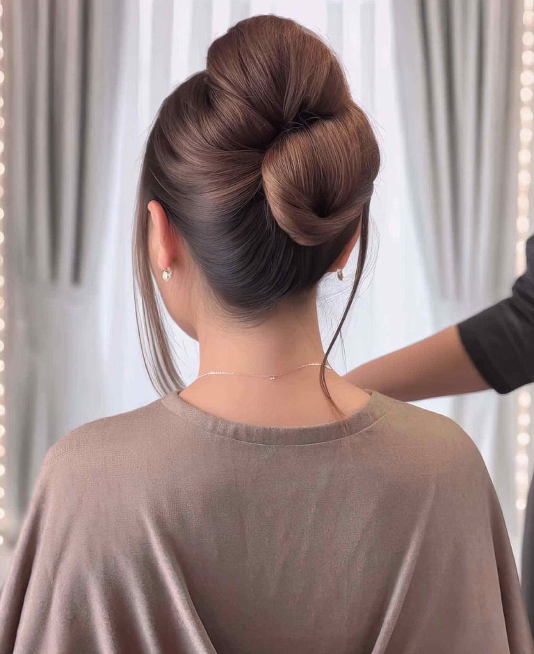a woman with a beautiful bun hairstyle