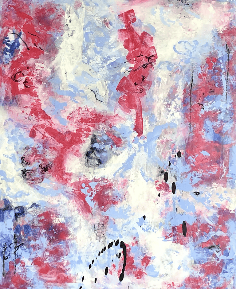 a painting with abstract red and white flowers