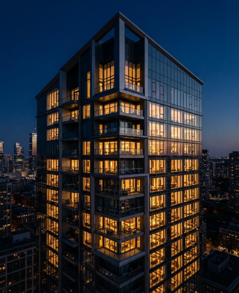 Close-up architectural twilight photography of a modern luxury high-rise corner with warm gold window light, deep navy sky, 35mm lens.