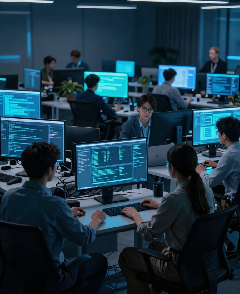 A wide environmental shot of software developers collaborating in a modern tech environment, low-key midnight blue ambient light, sharp electric cyan screen glows, 35mm.