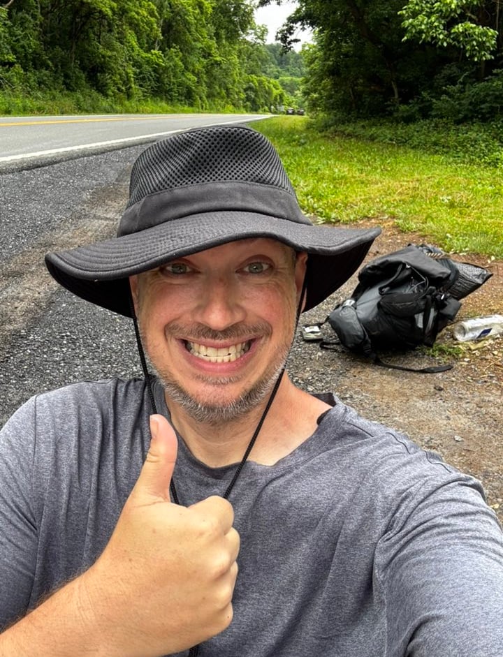 Sponge gives a comical thumbs up after finishing 110 miles of the Appalachian Trail