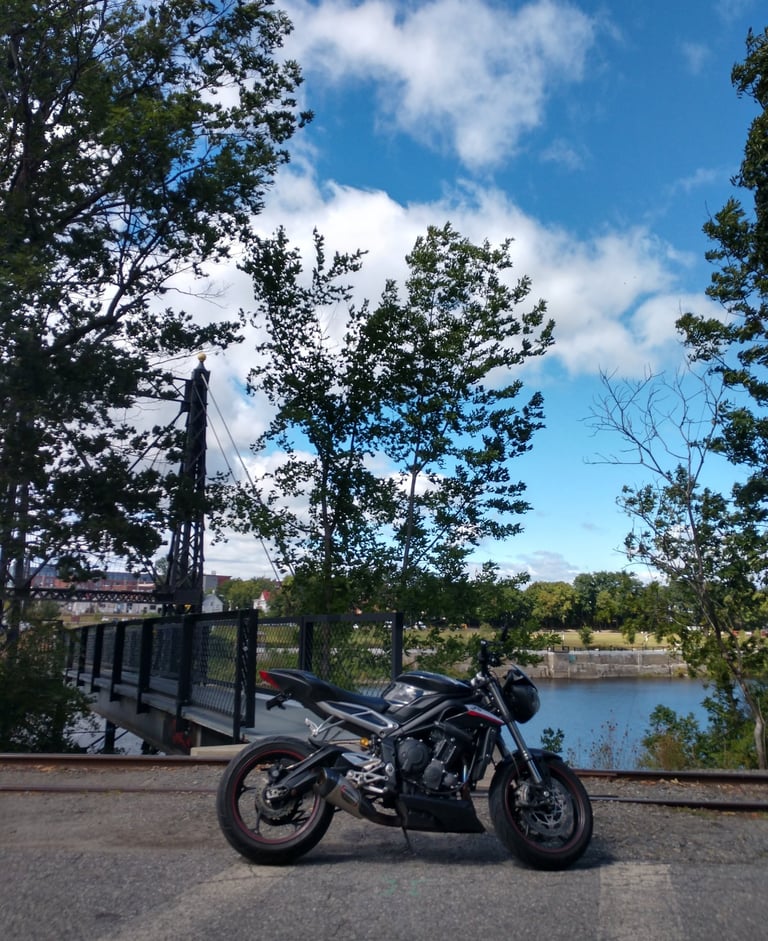 My Triumph Street Triple by the Two Penny Bridge along the Kennebec River - August 2020