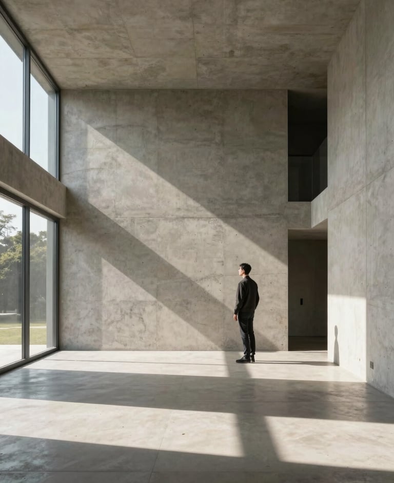 Wide environmental shot of a minimalist concrete house interior, hard afternoon sunlight casting sharp geometric shadows, single human figure for scale
