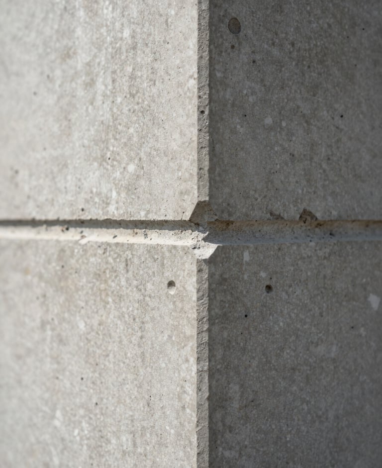Extreme close-up of raw concrete architectural joints, soft diffused daylight revealing material texture