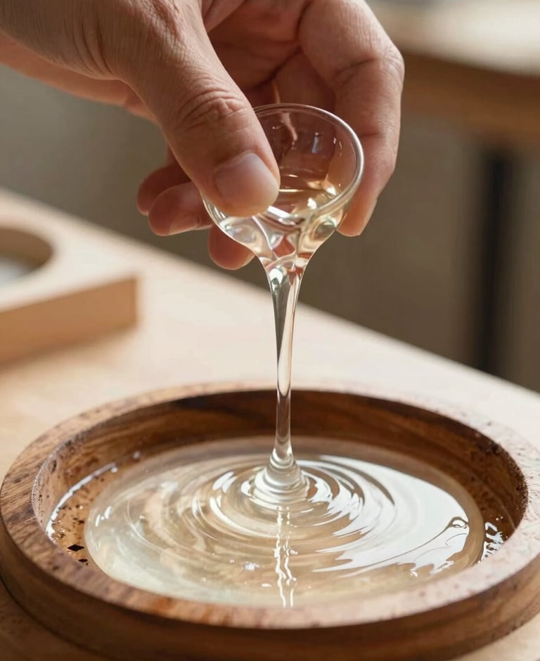 Close-up of artisan hands pouring clear liquid resin into a circular wooden mold, bright natural side-light highlighting the glossy, fluid texture.