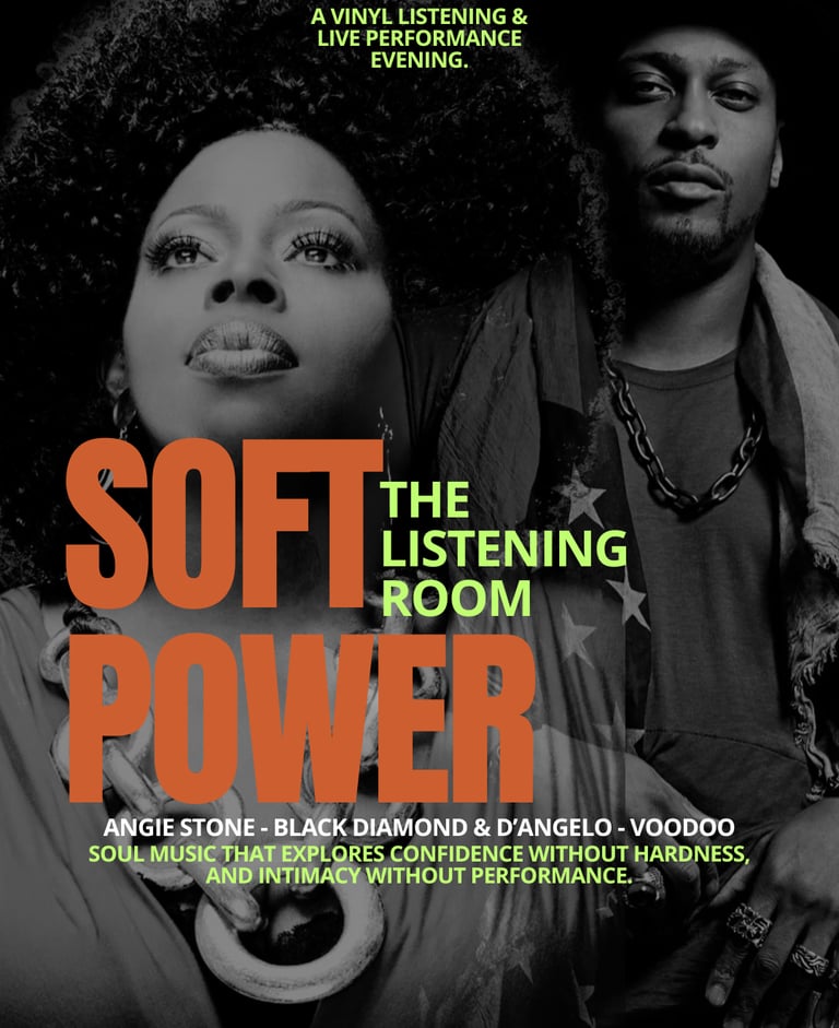 Black and white portraits of Angie Stone and D’Angelo promoting Soft Power, a vinyl listening and live performance evening.