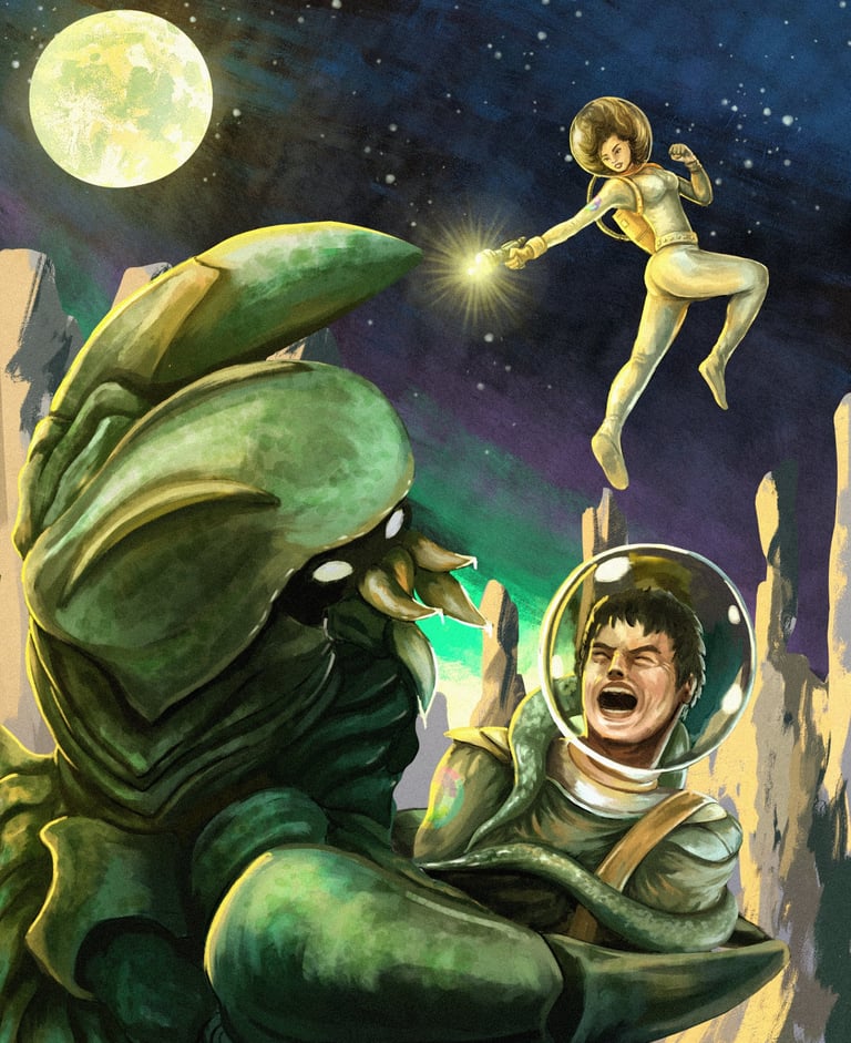Two earth space agents battling a Oklych alien. Gamut RPG.