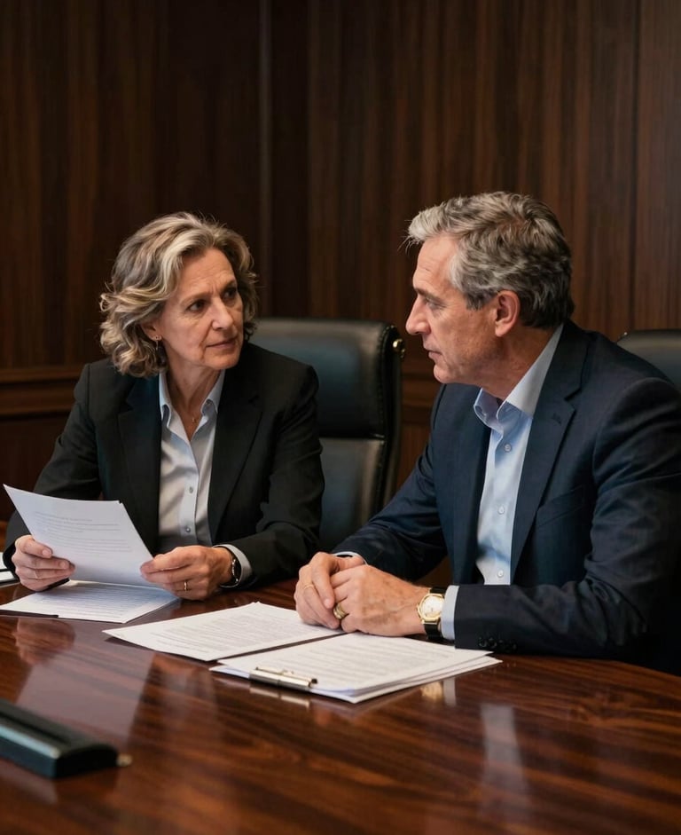 Candid portrait of two mature financial partners in deep consultation inside a dark-toned boardroom, sharp side lighting, rich textures of heavy paper and dark oak.