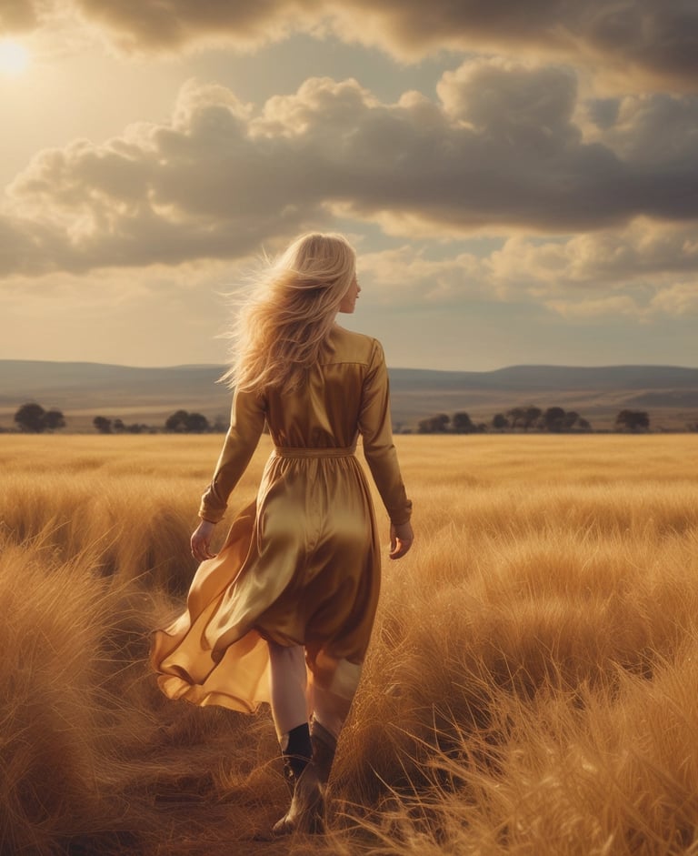 A blonde woman in a flowing gold dress walks through a golden wheat field during a dramatic sunset.