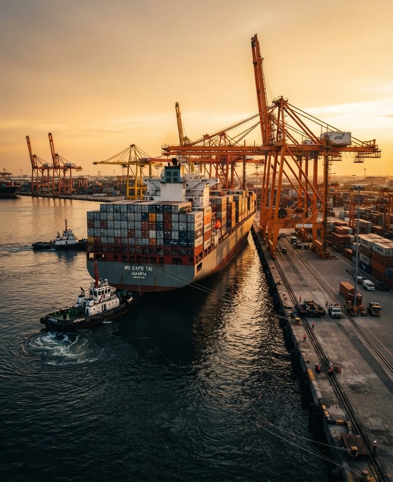 Cinematic wide-angle shot of a cargo vessel docking at Tanjung Priok port during golden hour, deep navy water, high-contrast orange crane reflections, 35mm film style.