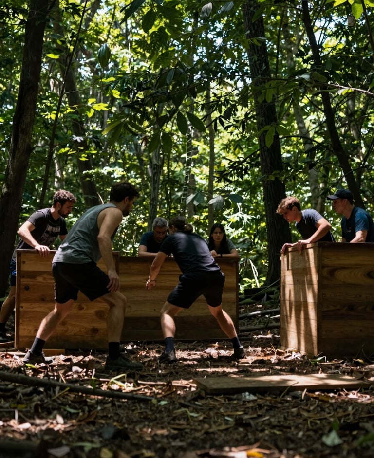 Dynamic low-angle action shot of players strategizing behind wooden obstacles, natural forest sunlight filtering through leaves, rich earthy greens.