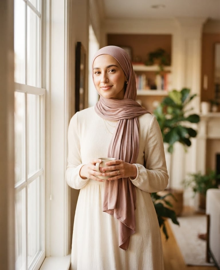 A medium editorial portrait of an elegant woman wearing a soft cream-colored modest dress and a dusty rose scarf, soft morning window light, shallow depth of field, 35mm