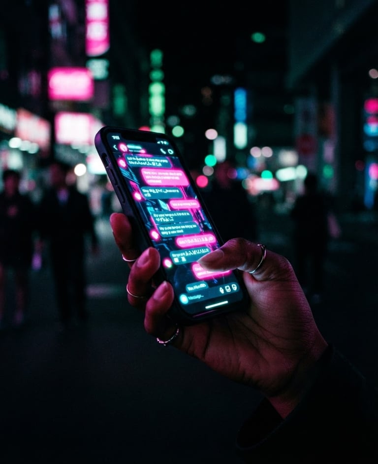 Close-up of a hand holding a smartphone with a glowing neon chat screen, intense pink and green ambient lighting, dark background, 35mm lens