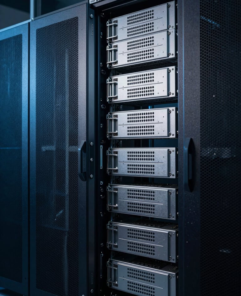 High-end server infrastructure under cool silver and deep blue tones, low-key chiaroscuro lighting, architectural layout.